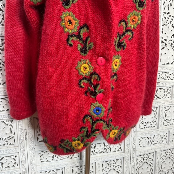 Vintage Cervelle Red Embroidered Wool Blend Chunky Oversized Longline Cardigan - Picture 2 of 8